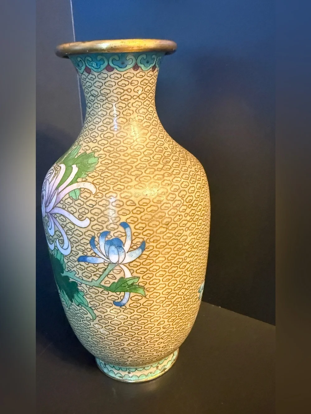 Vintage Cloisonné Enamel Floral Vase 9”